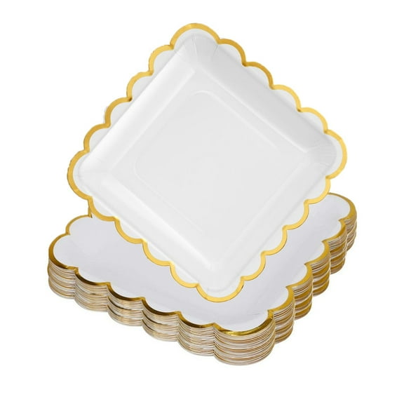 Disposable Square Paper Plates Gold Rim Decorative Dessert Plates for Party Events, Wedding, Bridal Shower, Birthday Celebrations(7 Inch, 24Pcs)