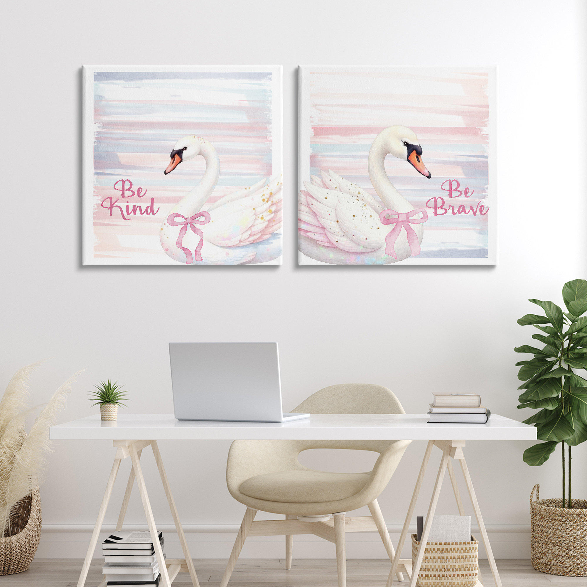 Be Brave & Kind Pastel Swan 2 Piece Canvas Wall Art Set, design by Kim Allen