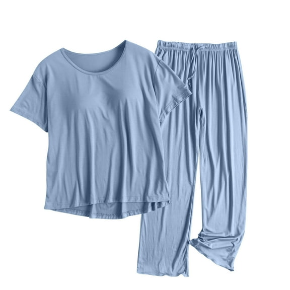 Tnhcen Women's Built-in Bra Modal Pajama Set Ruffle Pants Sleepwear Comfortable Loungewear 2-Piece Set XL-3XL Blue