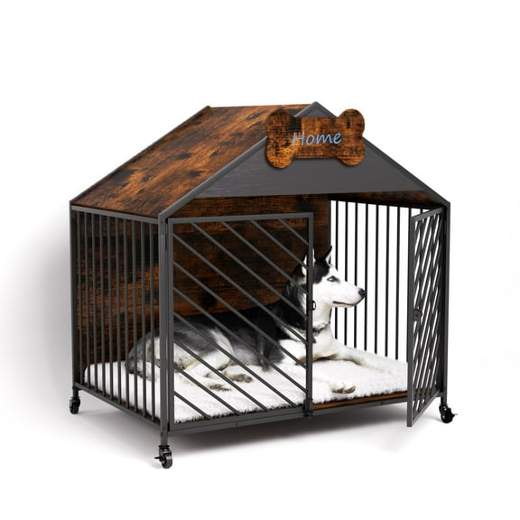 JXXRZ 32" Heavy Duty Dog Crate Furniture- Chew-Proof Double Door Indoor Kennel with Roof, Rustic Brown for Large Breeds