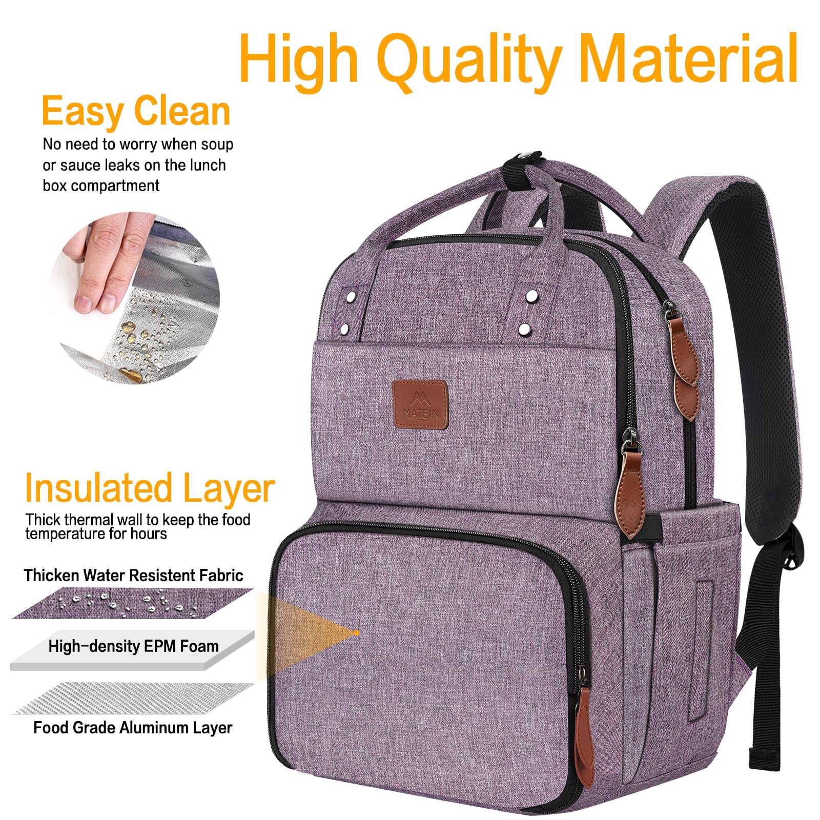 Matein Lunch Backpack, 15.6in Laptop Backpack with Insulated Compartment for Adults, Purple