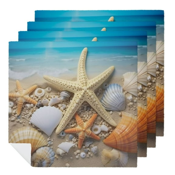 PHYHOO Beautiful Summer Beach Starfish and Seashells Cloth Napkins, Soft Polyester Dinner Napkin for Family, Restaurant, Weddings, Parties 2 PCS