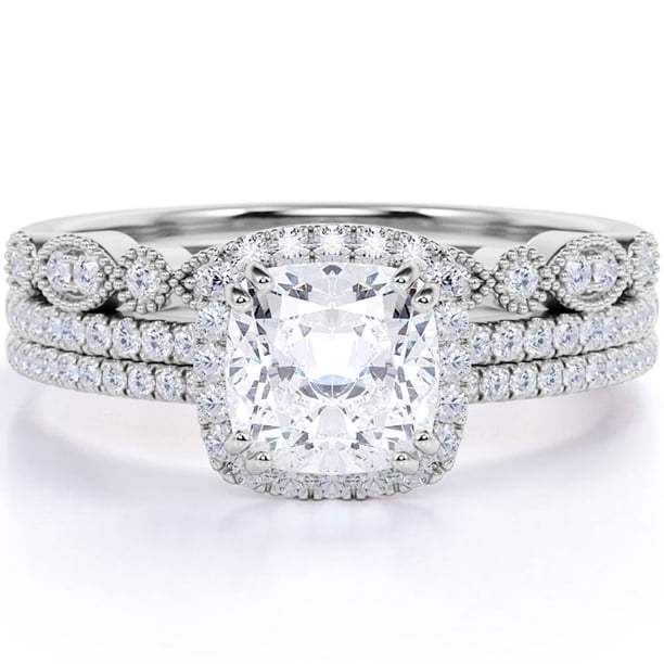JeenMata Juego de Trío de Anillos de Boda de Moissanita Art Déco de 1,75 Quilates con Anillo de Compromiso y 2 Alianzas de Boda en Oro de 18 K sobre Plata