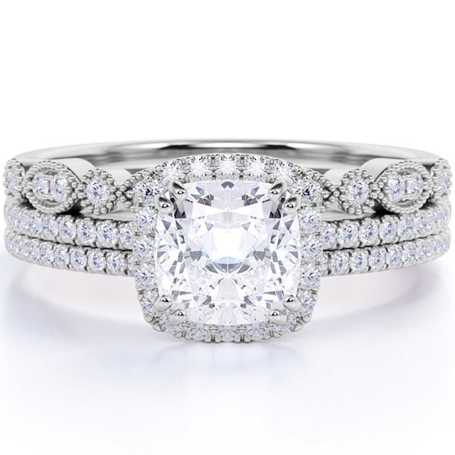JeenMata Juego de Trío de Anillos de Boda de Moissanita Art Déco de 1,75 Quilates con Anillo de Compromiso y 2 Alianzas de Boda en Oro de 18 K sobre Plata