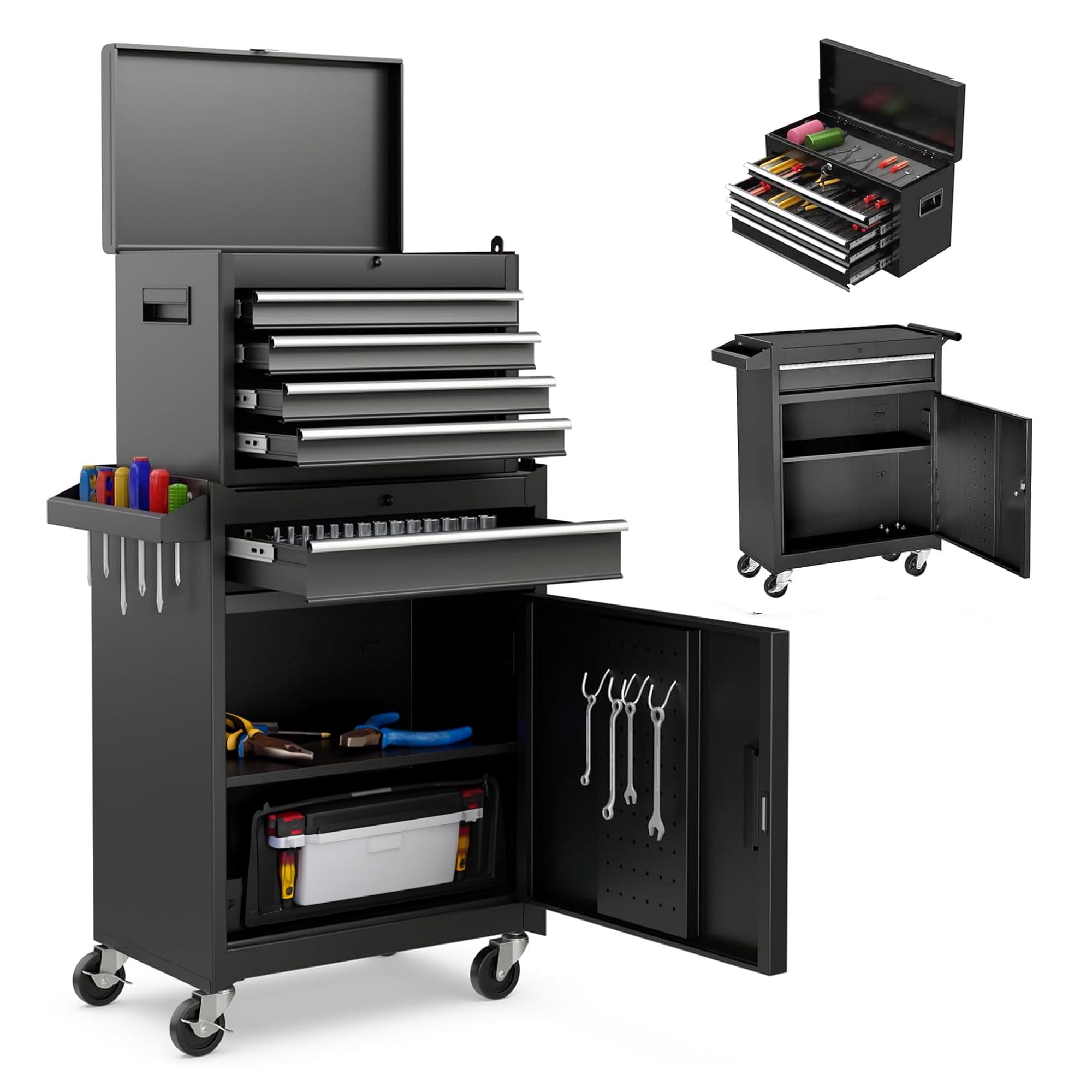 Rolling Tool Box, 5-Drawer Tool Chest On Wheels, Heavy Duty Garage Storage Cabinet with Top Box, 154pcs tools, Detachable Tool Organizer Lockable