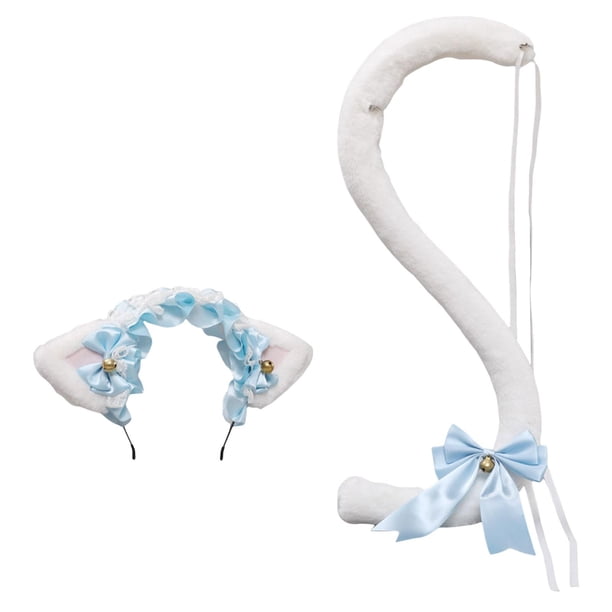 Diadema y cola de gato con orejas para niños y adultos, ideal como decoración para Halloween. Blanco Rosa Azul