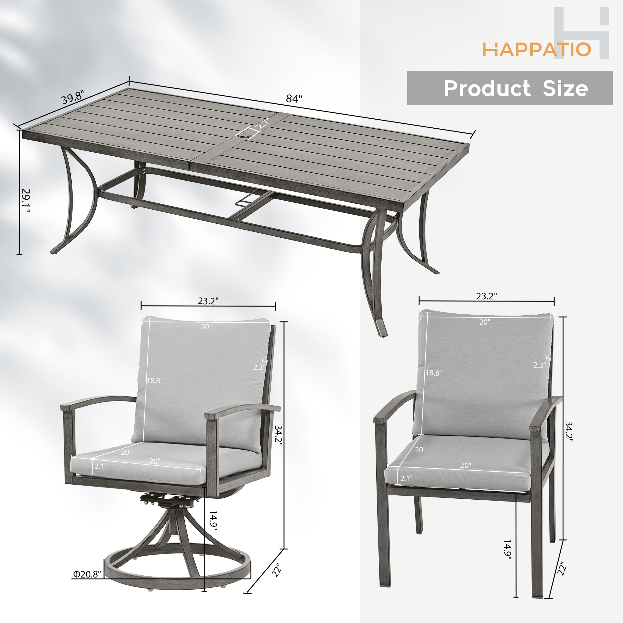 HAPPATIO 9-Piece Patio Outdoor Dining Set - All Aluminum Patio Table and Chairs Set for 8cludes 1 Rectangular Dining Table, 6 Dining Chairs, and 2 Swivel Dining Chairs with Cushions for Lawn, Deck
