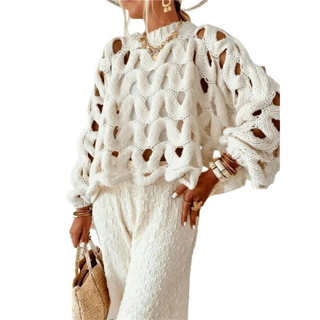 Suéter de punto grueso de crochet con cuello redondo y manga larga calada for mujer