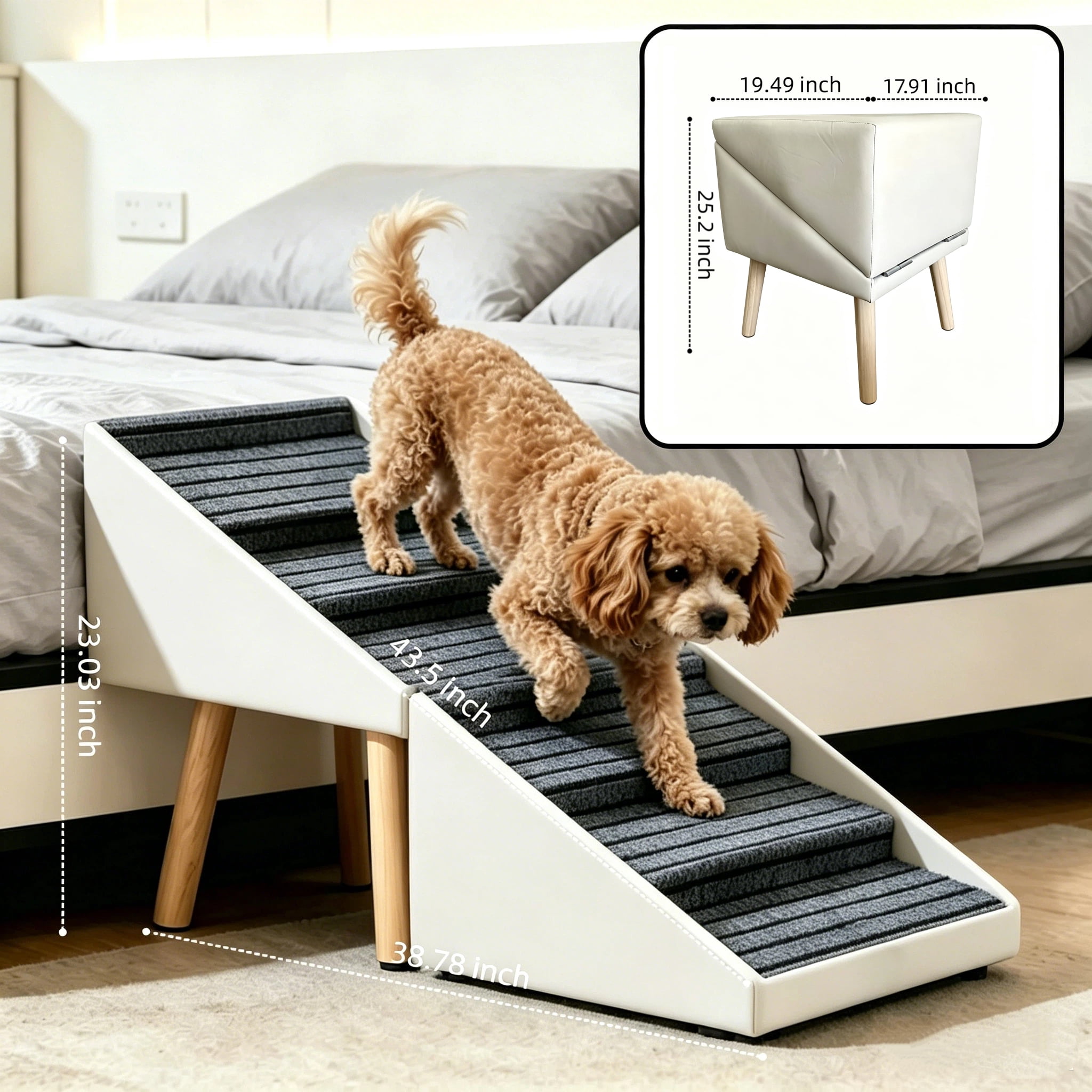 2 in 1 Dog Stairs for Bed and Couch 25.2" Foldable Dog ramp for Couch 6 Pet Steps & Ottoman for Small and Large Dogs, Beige