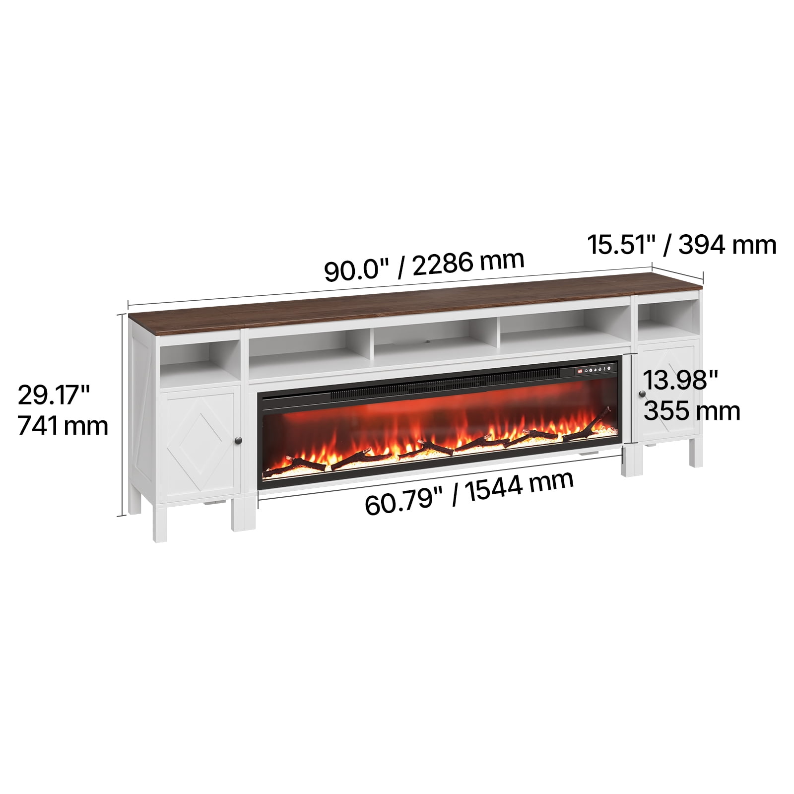 KFFKFF Farmhouse Fireplace TV Stand for TVs up to 100 Inches, Entertainment Center with 60-Inch Electric Fireplace & Storage Drawers, Remote-Controlled, White Finish