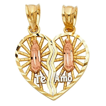 - 14K Two Tone Gold Religious Our Lady of Guadalupe Broken Heart Te Amo Charm Pendant For Necklace or Chain