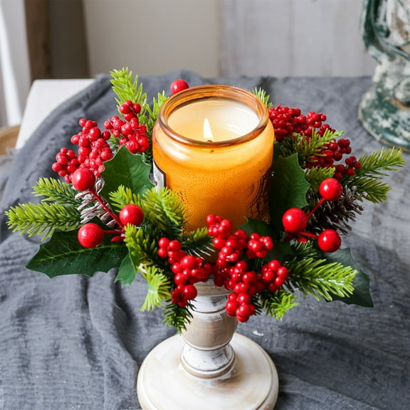 Fmbmuo Artificial Red Berry Pine Candle Holder Wreath Plastic Tray Candle Holder Traditional for Christmas Decorations