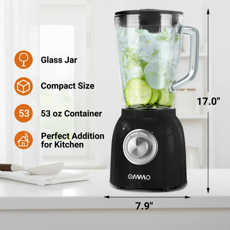 OMMO Countertop Blender, 53oz/1.5L Glass Jar 2 Speeds Professional Blender  for Smoothies Frozen Drinks Ice Crush, Black 