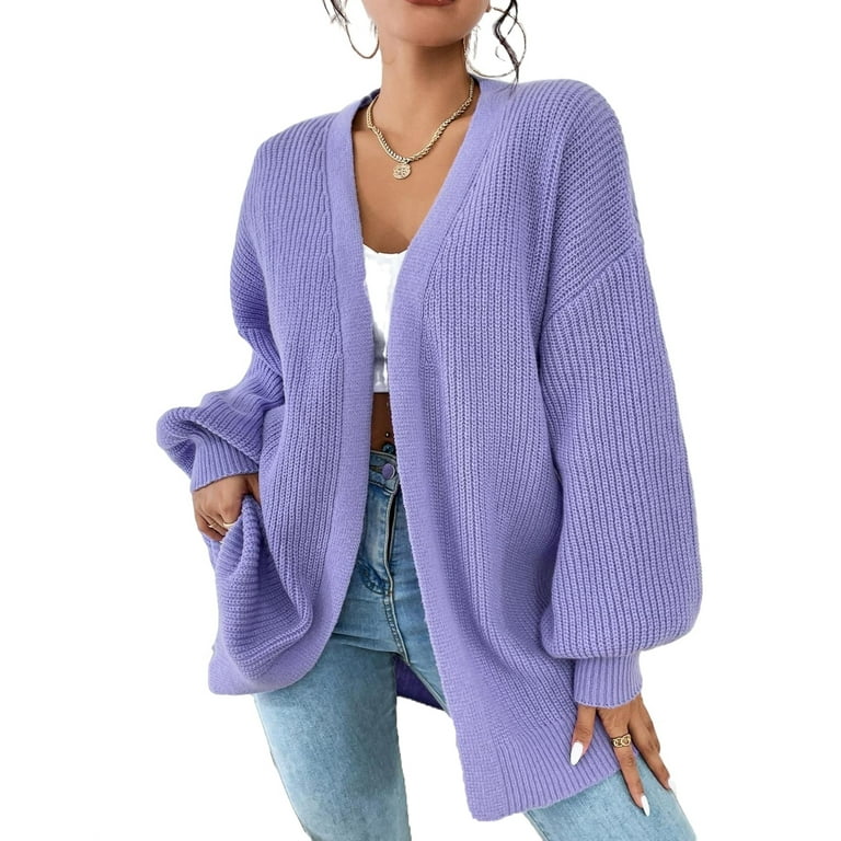 Casual Plain Cardigan Long Sleeve Violet Purple Women s Cardigans