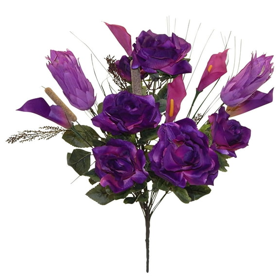 Lavender Rose Lily Protea with Cattail Grass 24in Artificial Polysilk Faux Greenery Fake Flower Bush for Craft Home Bouquet Arrangement Ceremony Wedding Arch Floral Wall Aisle Decor (Purple, One each)
