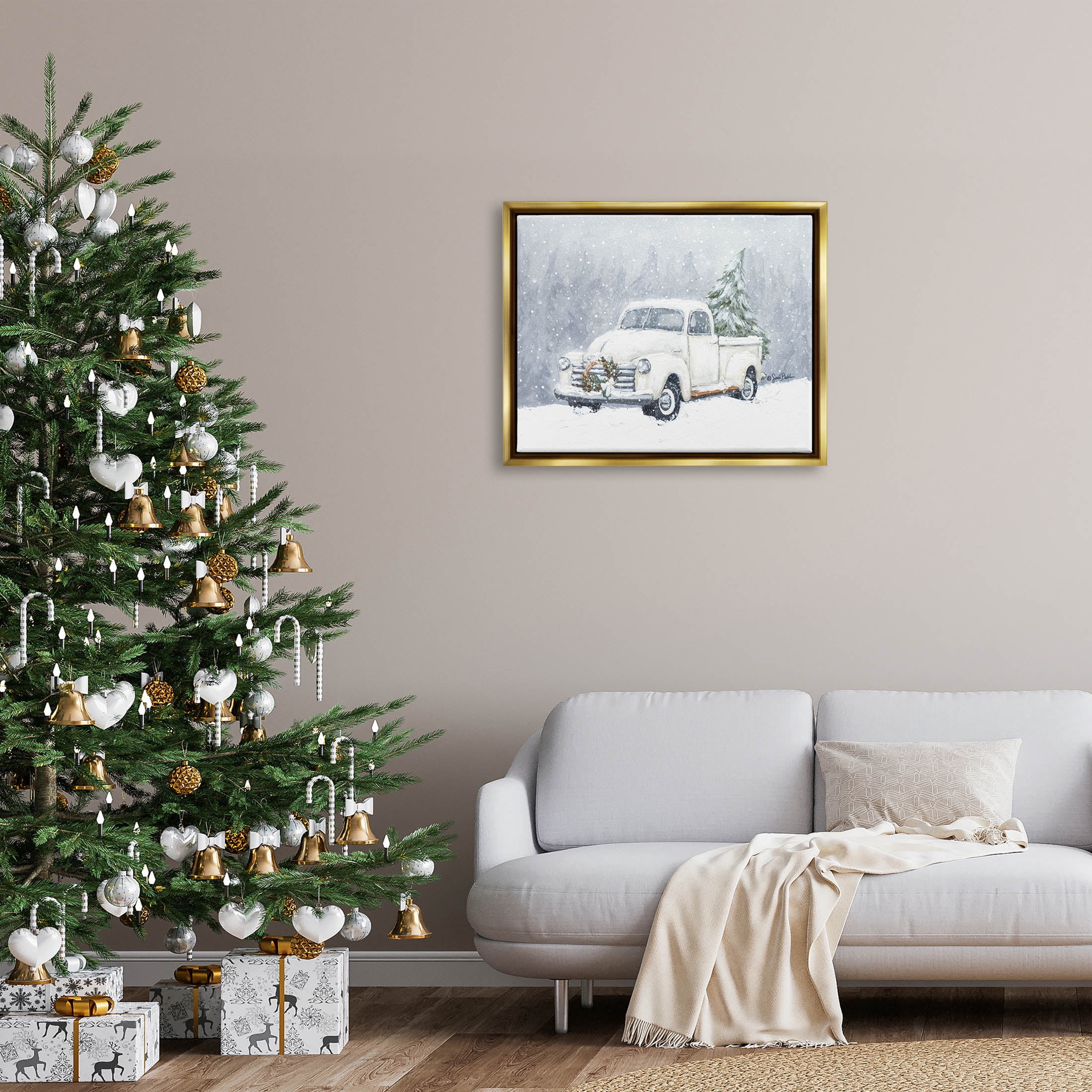 Seasonal Niveous Snow Truck Scene Holiday Painting Metallic Gold Framed Art Print Wall Art