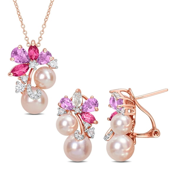 Everly Women's Pink Cultured Pearl & Multi-Gemstone Rose Silver Pendant & Earrings Set - 18 in