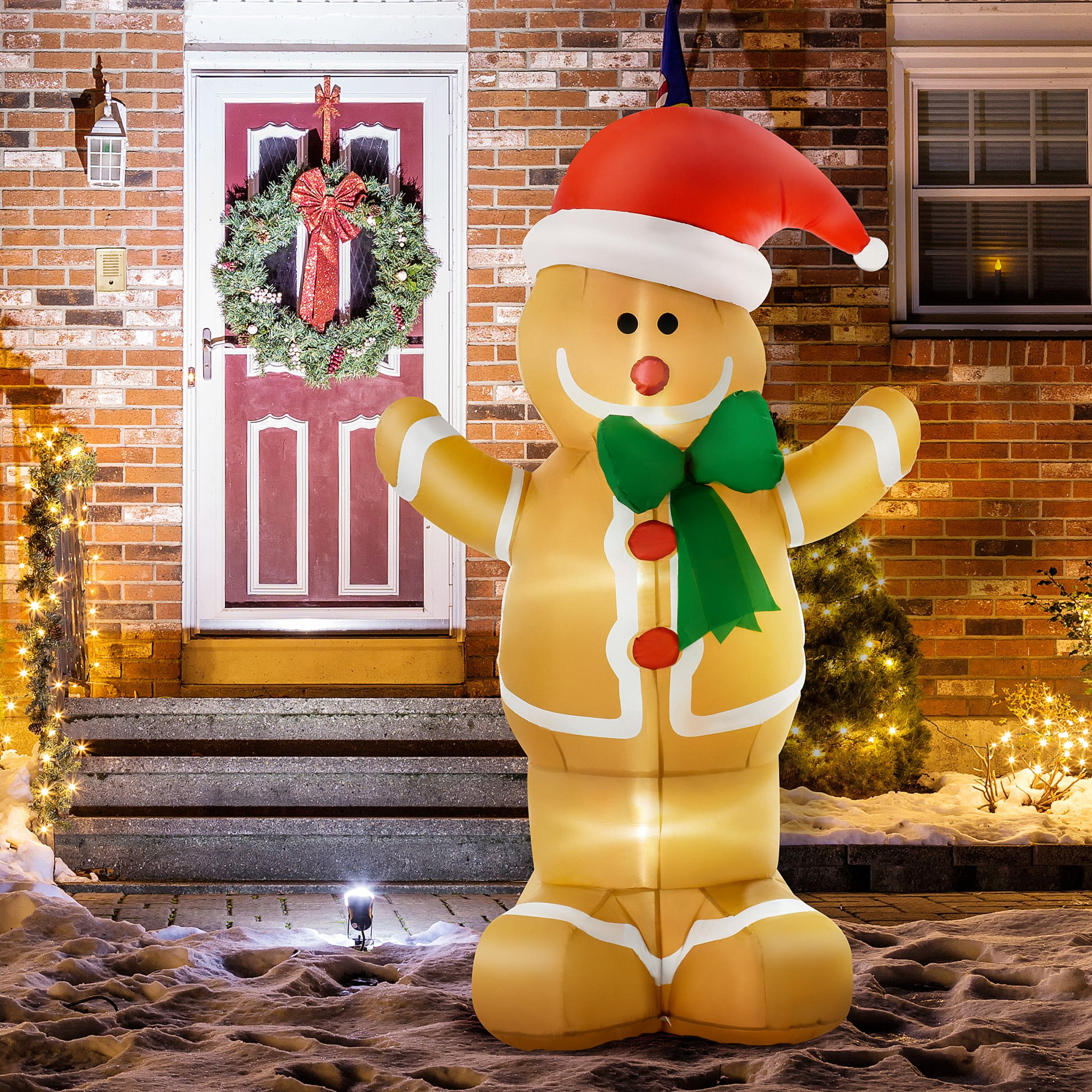 6ft Christmas Inflatable Gingerbread Man with Santa Hat Waving Hands Built-in LED Lights Weather-Resistant Polyester Yard Decoration