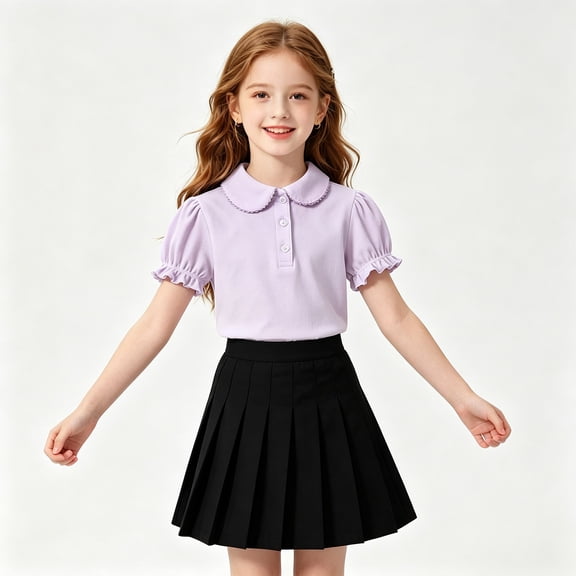 Purple Shool Uniform Shirts for Girls Cotton Polo Shirts Puff Sleeve with Button for Kids Tennis Tops Summer Casual Tees for School Performance Everyday 10-11 Years