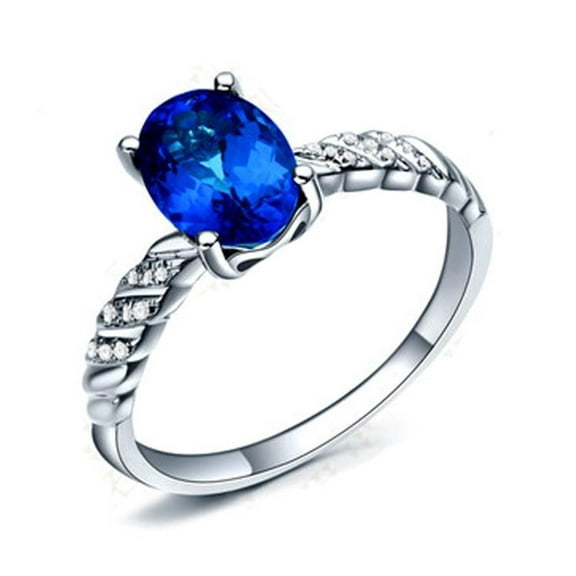 Classic 8x6mm Oval Cut 1.75 Carat Blue Sapphire And Moissanite Diamond Engagement Ring in 10k White Gold