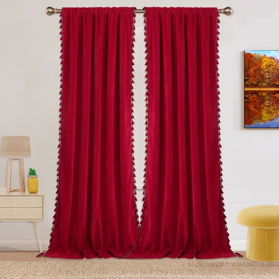 Haperlare Extra Long 108" Velvet Curtains for Living Room Boho Tassels Soft Luxury Home Decor Room Darkening Curtain Panels for Bedroom, Red, 2 Panels