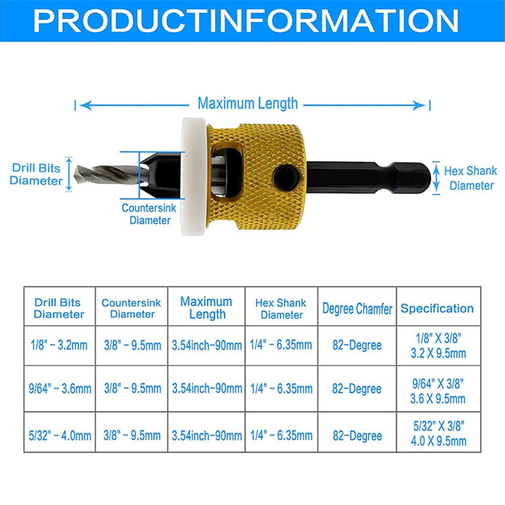 3 Pcs Countersink Drill Bit Set Replaceable With Adjustable Depth Stop Plastic