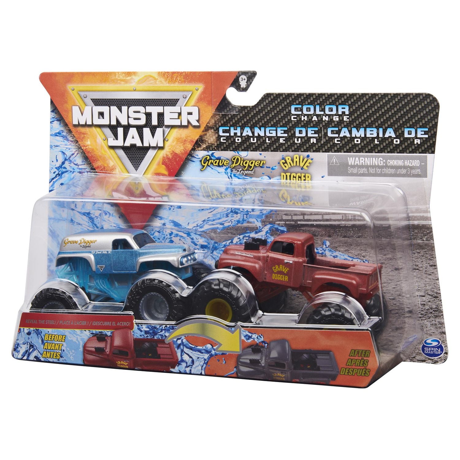 Monster Jam, Monster trucks Grave Digger vs Grave Digger (1982 Retro) officiels qui changent de couleur en métal moulé, échelle 1:64