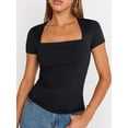 thumbnail image 4 of Black Square Neck Short Sleeve Slim Fit T-Shirt for Women, 4 of 5
