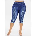 thumbnail image 6 of Rosegal Women Casual Plus Size 3D Lace Up Jean Print Capri Leggings Blue 2X, 6 of 6