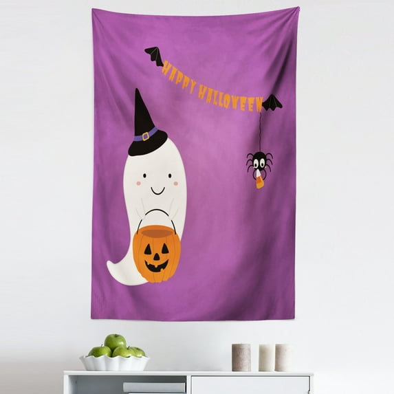 Ghost Tapestry, Halloween Holiday Happiness Dressing Playing Games Candy Witch Hat, Fabric Wall Hanging Decor for Bedroom Living Room Dorm, 5 Sizes, Purple Marigold and Black, by Ambesonne
