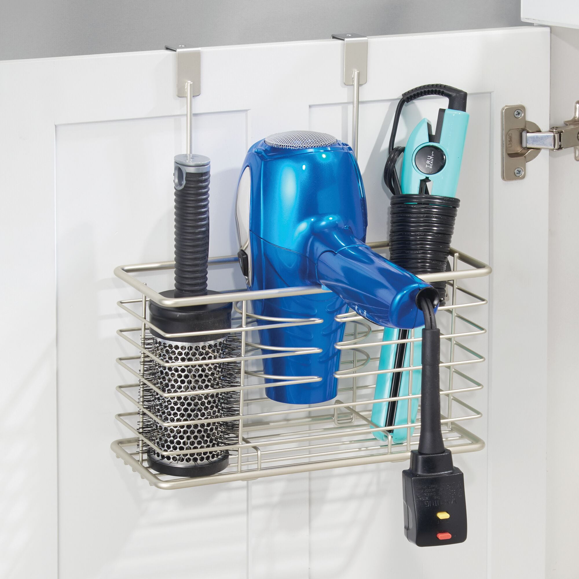 mDesign Steel Over Cabinet Door Hair Dryer Storage Organizer