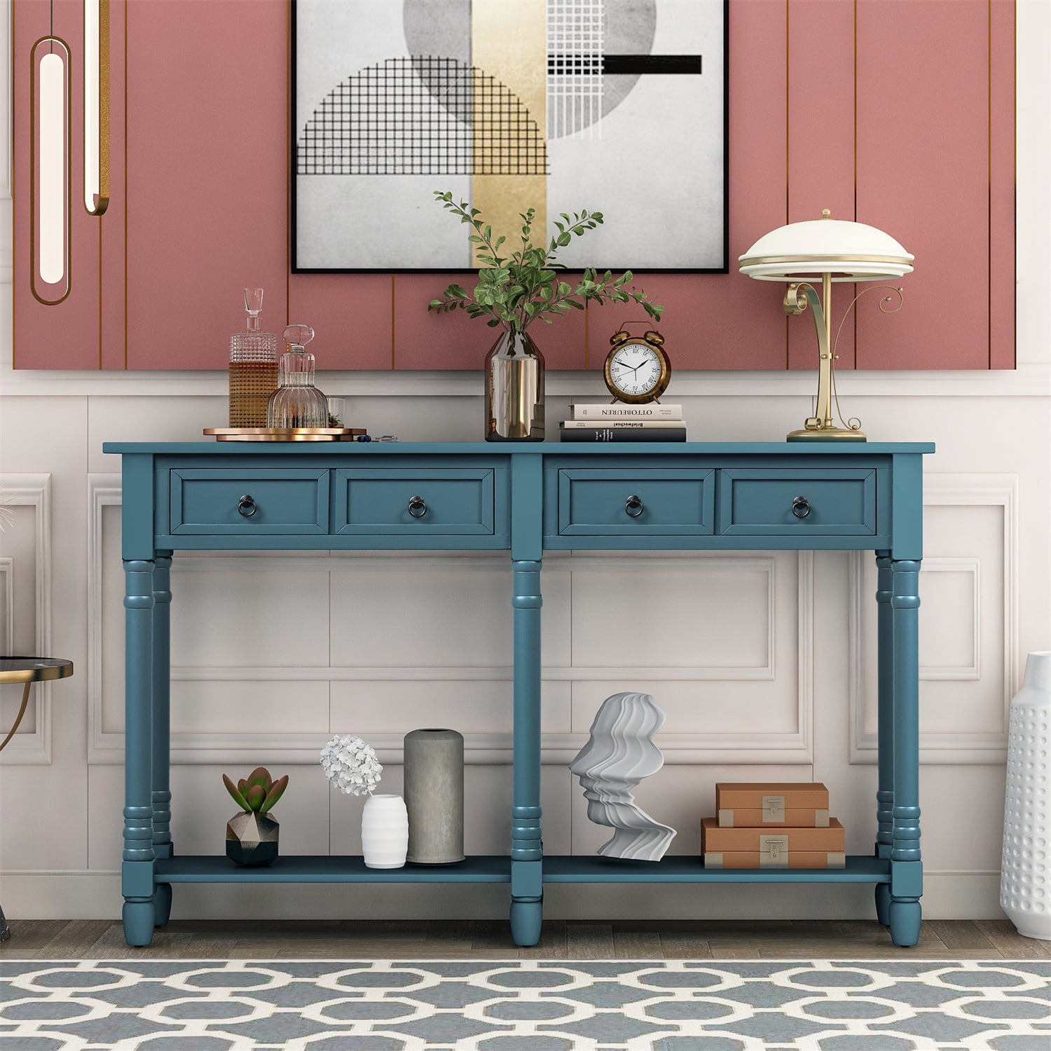 Console Table with 2 Large Drawers and Long Shelf, Farmhouse Wooden ...