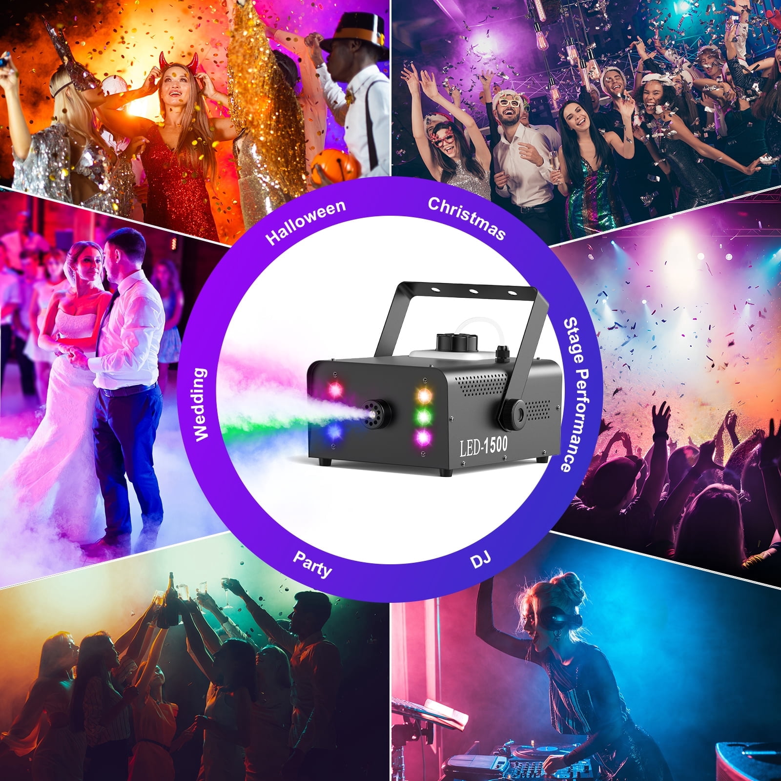 1500W Fog Machine 1L Capacity, RGB 6 LED Lights with Remote Control for Party Christmas DJ Disco Stage