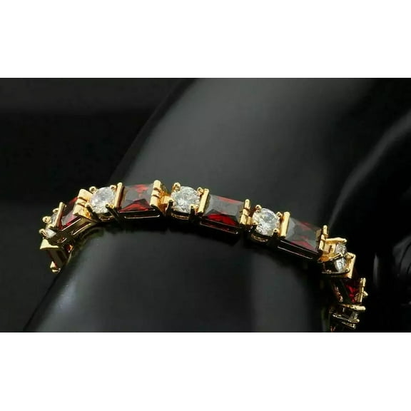 5 Ct Emerald-Cut Simulated Garnet Women's Tennis Link Bracelet 14K Yellow Gold-Plated Sterling Silver