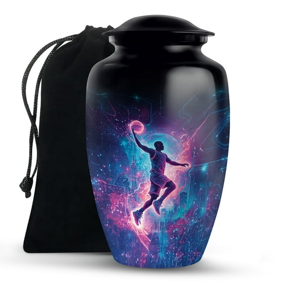 KARYLIZ Basketball Decorative Black Urn - Blue Funeral Urn for Ashes Adult Men & Women - Burial Cremation Urns for Human Ashes - Unique Tribute - Large Memorial Urns