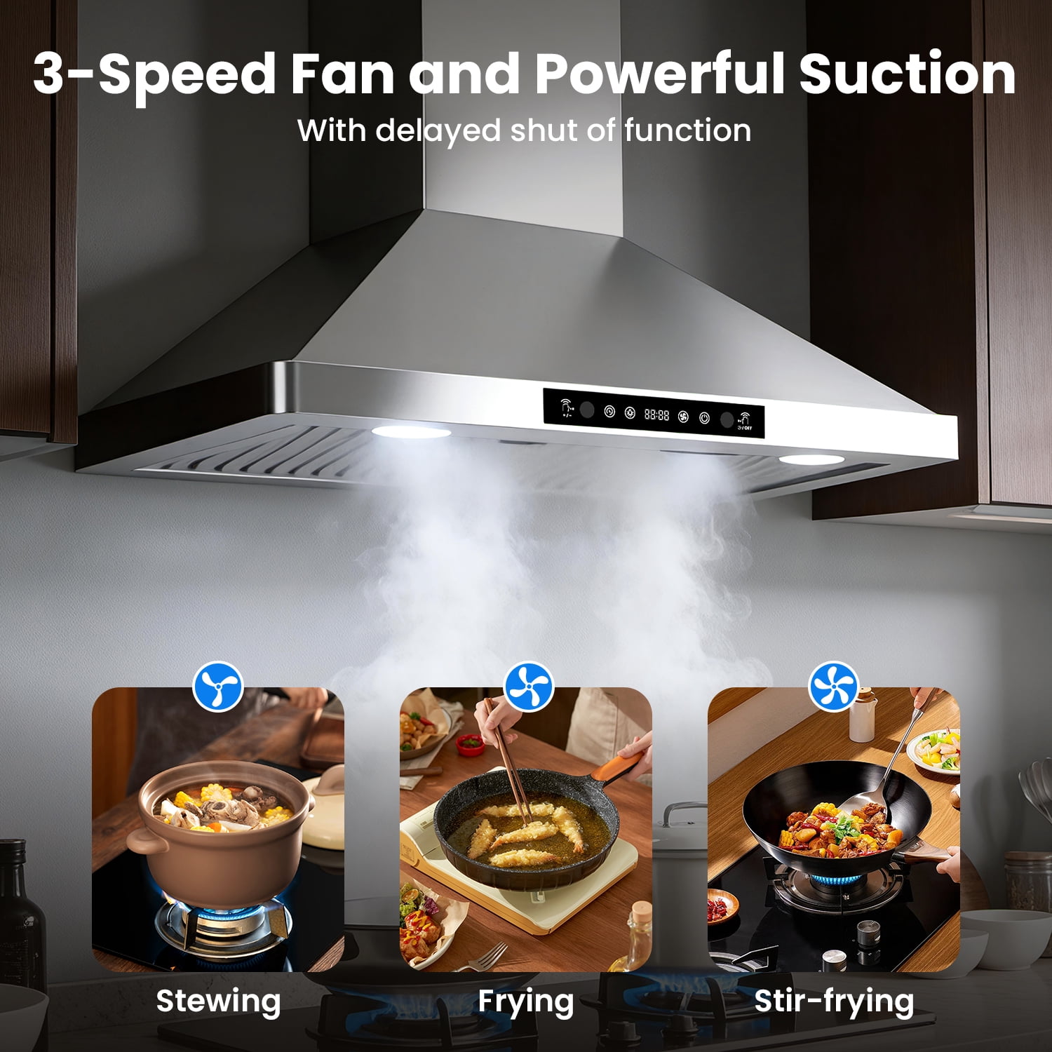 ICYBER BOOM 30 Inch Wall Mount Range Hood, 750 CFM Max Airflow Stainless Steel Kitchen Vent Hood with Gesture & Remote Control, 3 Speeds, 3-Min Delay, 66 dB, LED Lights, Includes Chimney, Carbon Filt