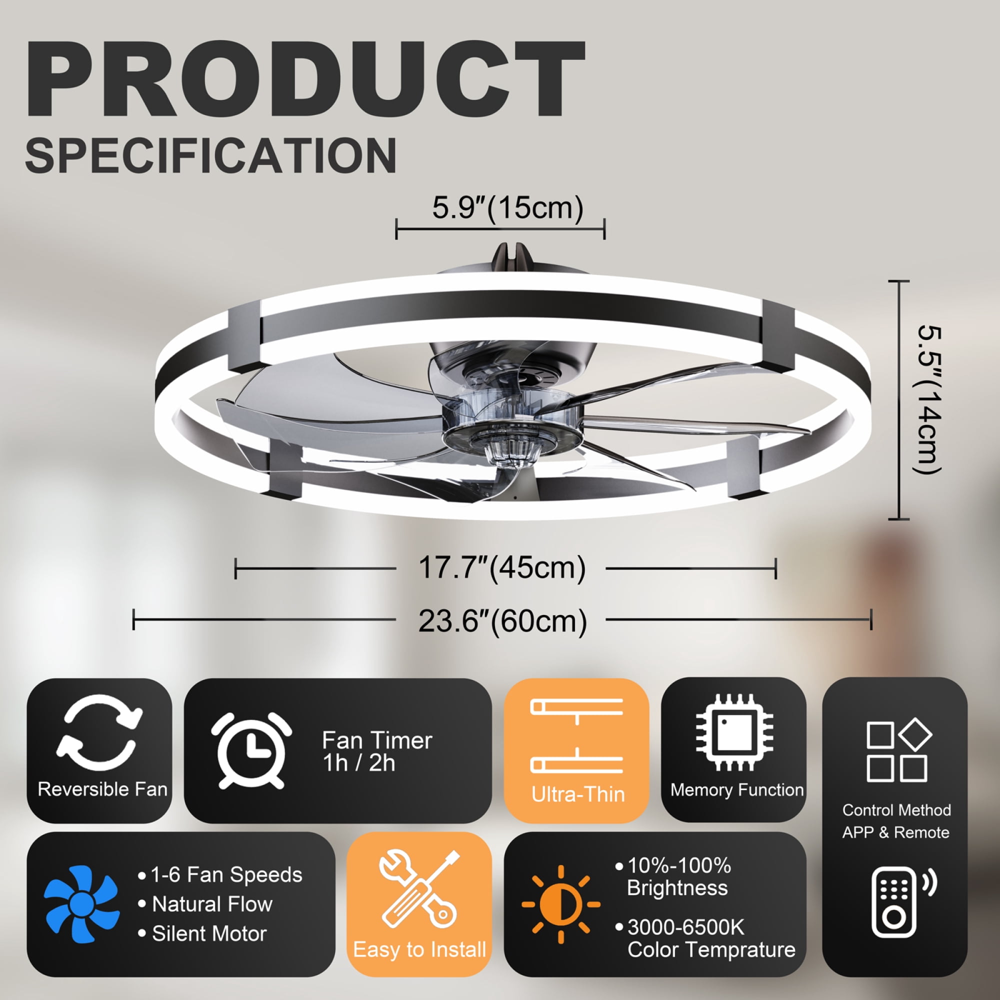 Leumius 23.6" LED Ceiling Fan with Light Remote DC Motor Aluminum Body 6-Speed Infinite Dimming LED Ceiling Fan for Bedroom Living Room Black