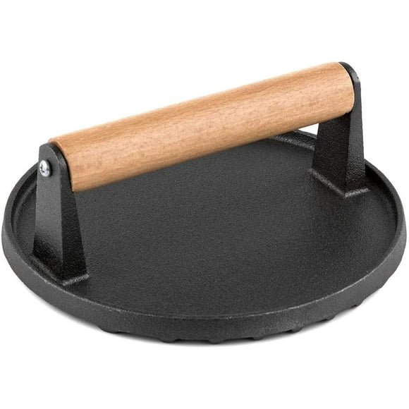 Cast Iron Bacon Press for Grilling BBQ Heavy Duty Round Steak Weight Burger Grill Press with Wooden Handle, 7"