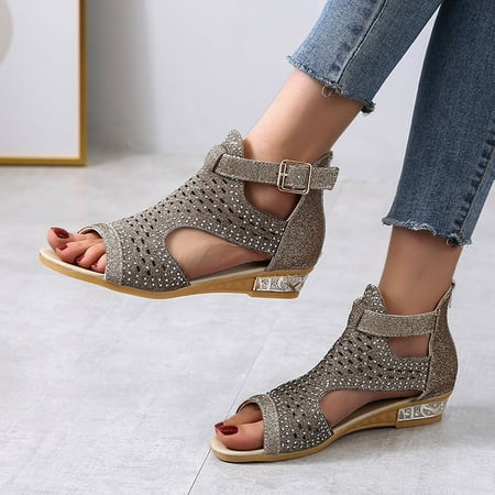

AXXD Women Gold Sandals Clearance 7 Summer Fish Mouth Rhinestone Hollow Out Sandals Back Zipper Sandals
