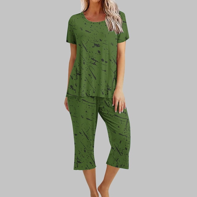 Liquidation d'Économies d'Été Iumwxz Tenues de Pyjama Décontractées et Fluides Grande Taille Tenues d'Été Mode Graphique Col Rond Manches Courtes Taille Élastique Pantalon Court Ensembles Assortis pour Dames Fête