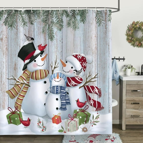 Christmas Winter Snowman Shower Curtain Pine Branches on Wood Board Farmhouse Decorative Bath Curtain 72 x 72 Inch Polyester Fabric Waterproof Bathroom Curtain with 12 Hooks