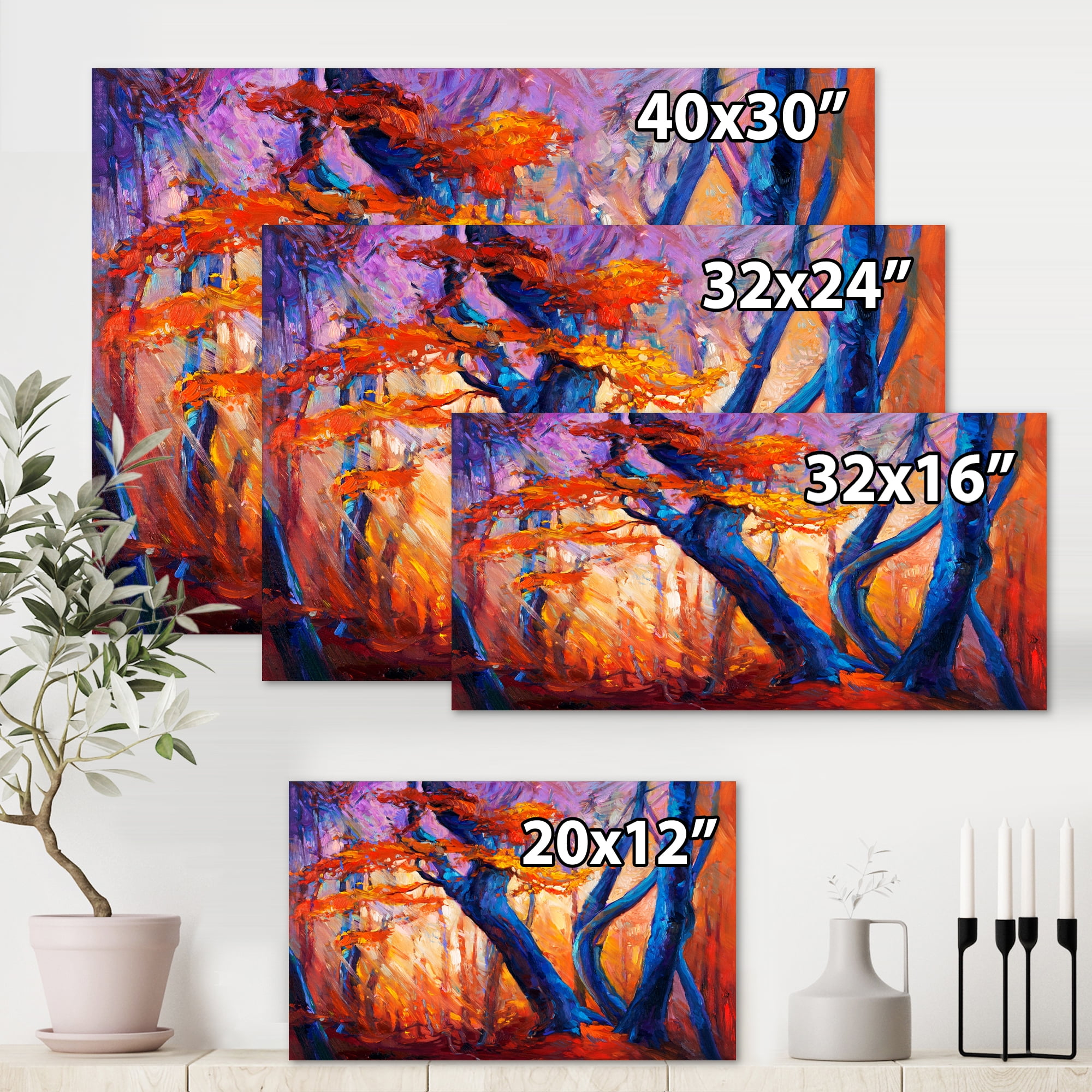 Designart ' Abstract Blue Silhouettes Of Trees In Orange Autumn Forest ' Farmhouse Canvas Wall Art Print