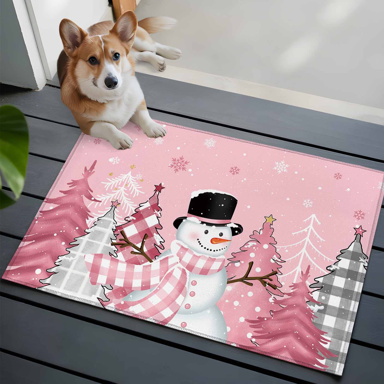 Pink Snowman Christmas Bathroom Mat 2x3 FT, Non Slip Small Kitchen Mat, Winter Snowflake Xmas Tree Pink Grey Plaid Washable Soft Backed Front Door Throw Rug Indoor Outdoor Doormat for Entryway Sink