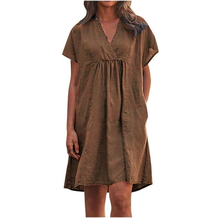 

Women s Cotton Linen Dress Plus Size Loose Fit Swing Fall T-Shirt Dress Casual Short Sleeve V-Neck Solid Color Pleat Midi Length Down Shift Dresses