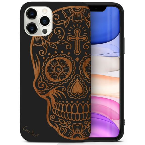 Case Yard Wooden Case for iPhone-11-Pro-Max Soft TPU Silicone cover Slim Fit Shockproof Wood Protective Phone Cover for Girls Boys Men and Women Supports Wireless Charging Cross Skull Design
