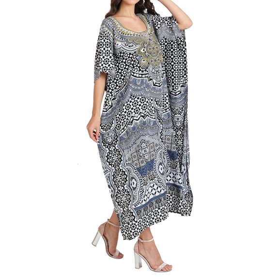 Miss Lavish London Elegant Black Kaftan Dresses for Women - Versatile Beach Coverups, Plus Size African Dubai & Moroccan Kaftans - Ideal for Loungewear & Swimwear Modern Caftans Long Dresses, Large
