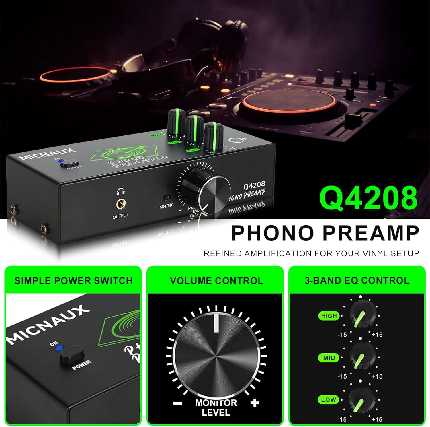 Phono Preamp for Turntable, Professional Universal Mini Hi-Fi Preamplifier with 3 Band EQ for MM&MC Cartridges, 5-pin DIN Input/Output for Vinyl Record Player, Phonograph, Active Speakers