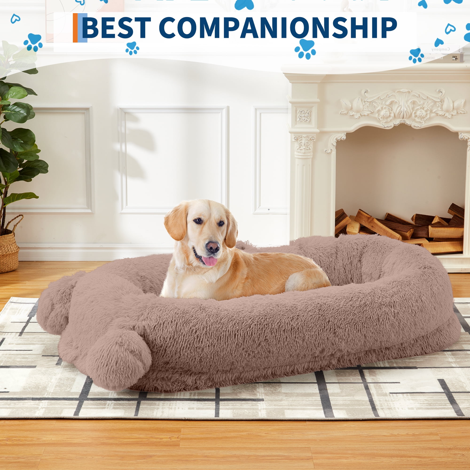 Human Dog Bed for Adults, Human Size Dog Bed Fits You and Pets, Washable Faux Fur Napping Orthopedic Dog Bed with Blanket & 2 Side Pockets, Khaki