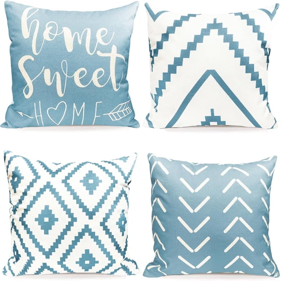 Decorative Throw Pillow Covers Set of 4 Sky Blue Pillow Covers 20x20 inch Throw Pillows Linen Square Pillow Case,Farmhouse Outdoor Modern Geometric Pillow Covers for Couch Sofa Living Room
