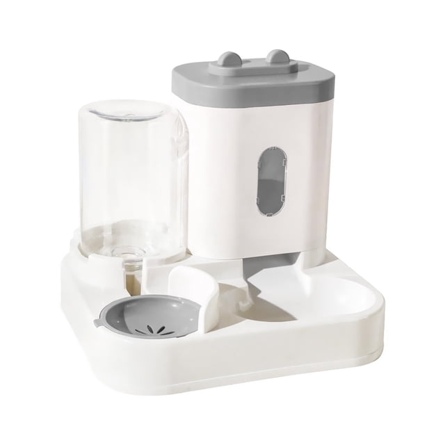 bebedero automático para mascotas, alimentador automático para mascotas, dispensador de cuencos extraíble para cachorros, perros, conejos medianos, , gris Vista frontal de un comedero y bebedero 2 en 1 blanco con tapas grises; depósito de agua transparente a la izquierda (capacidad 1 L), tolva ampliada con ventana de visualización, tapa superior con diseño de orejas verticales, salida de 65 mm, base con cuencos extraíbles y barandilla elevada, desmontable para limpieza; adecuada también como estación de viaje portátil para mascotas pequeñas.